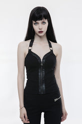 Black Halterneck Sleeveless Embroidery Zipper Backless Women's Punk Vest